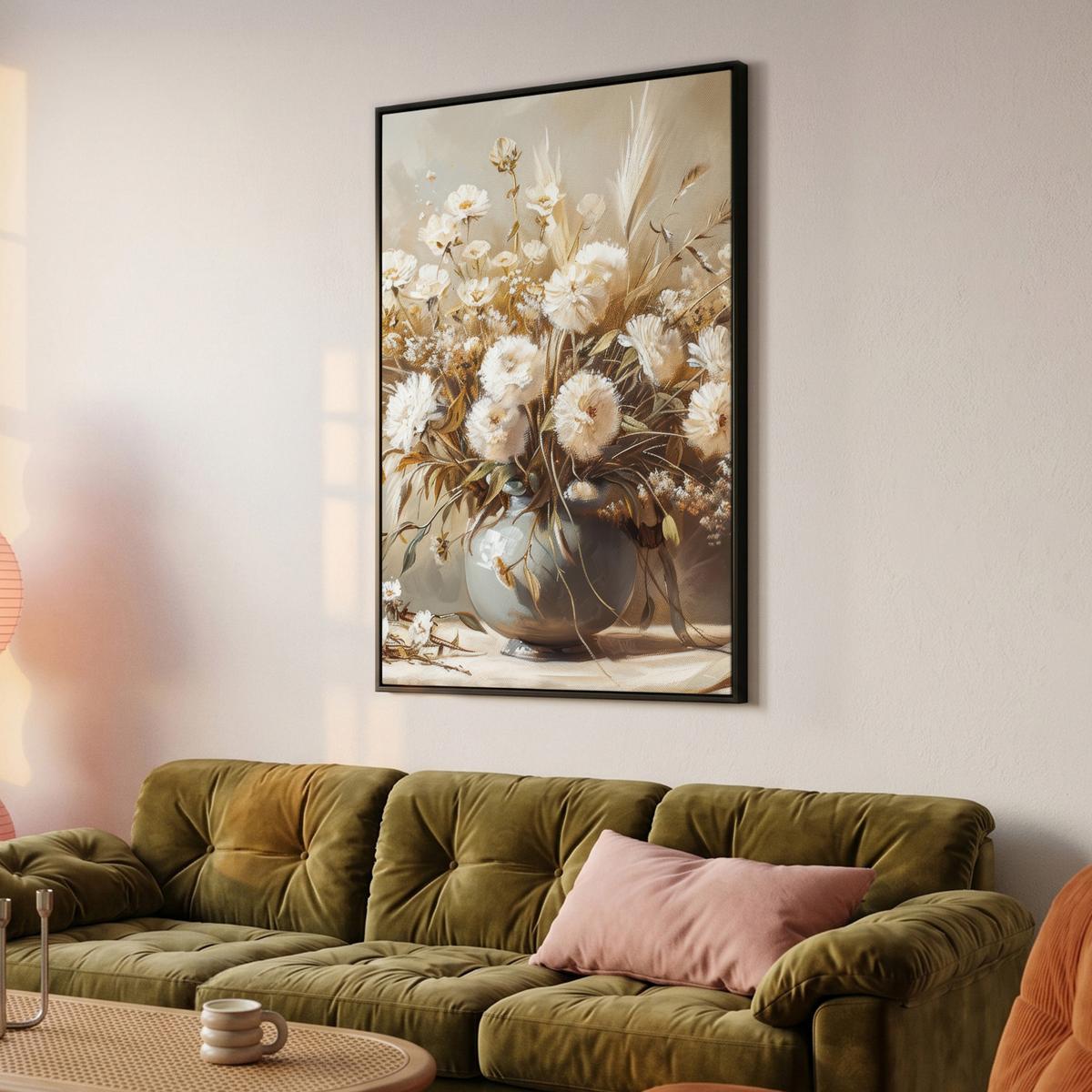 LEINWAND Bilder mit Rahmen - Blumen - Vase - Stilleben - Beige - 100x150 - Creme, Textil (100/150cm) - MuchoWow