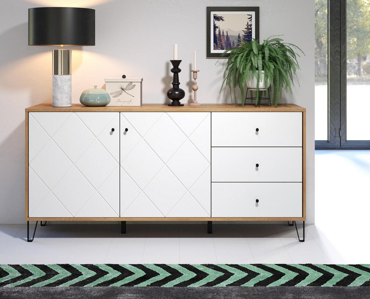 SIDEBOARD weiß matt mit Rautenoptik, Eiche Artisan 183 cm, Kommode mit Soft-Close - Eichefarben/Schwarz, Holzwerkstoff/Kunststoff (183/76/40cm) - Top.Furn