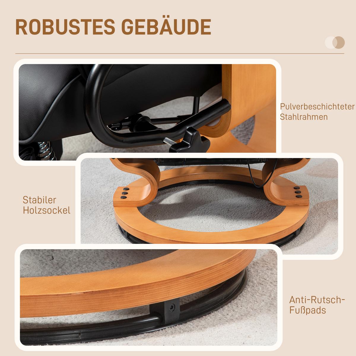 RELAXSESSEL Drehbar Fernsehsessel mit Liegefunktion, Fußstütze, Schwarz - Schwarz, Leder/Holzwerkstoff (88/103/78cm) - HOMCOM