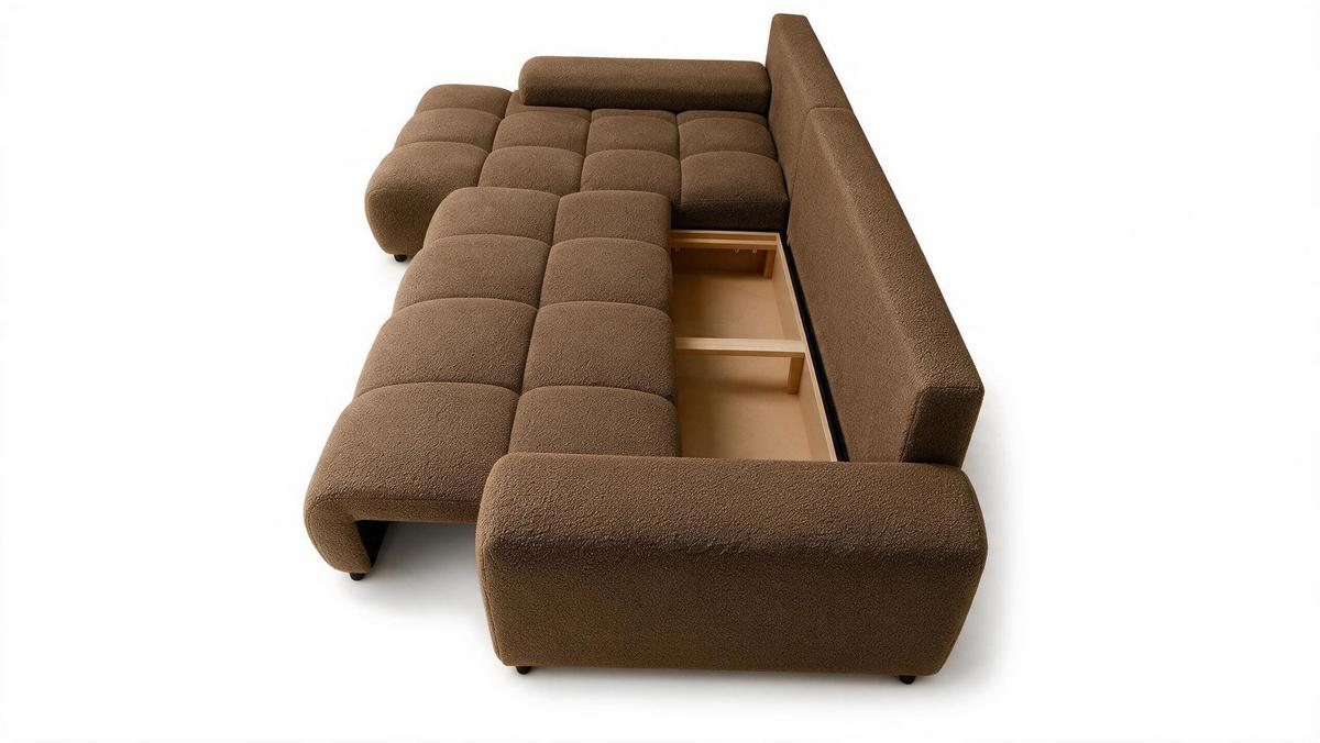 ECKSOFA Ovia mit Bettkasten und Schlaffunktion, Bouclé-Stoff in L-Form - Braun, Textil (270/185cm)