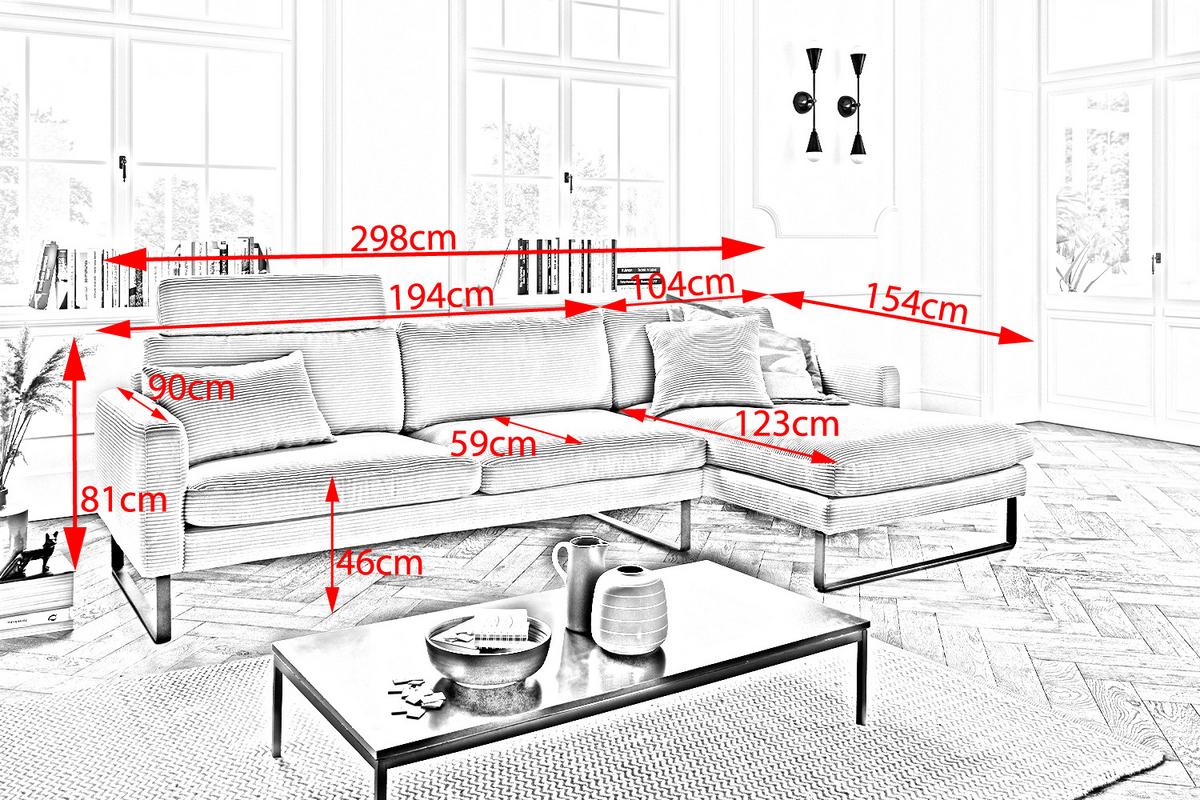 ECKSOFA RICARDA Grau Cord - Schwarz/Grau, Textil/Metall (298/154cm) - KAWOLA