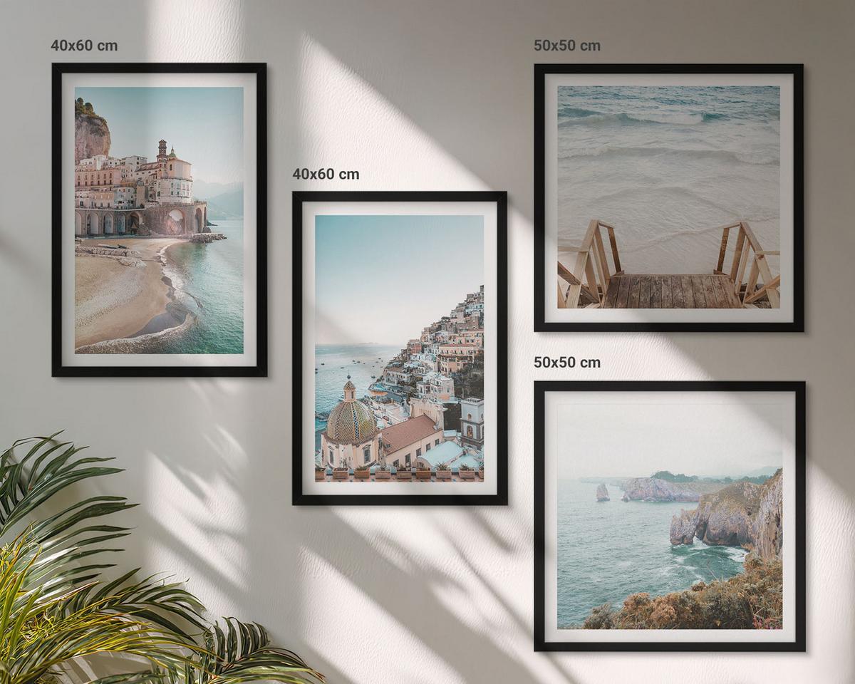BILDER SET 4er Set - 50x50 cm & 40x60 cm Schwarzer Rahmen - Sommerliche Strandansichten in Pastellfarben - Schwarz, Kunststoff (50/50cm) - TULUP