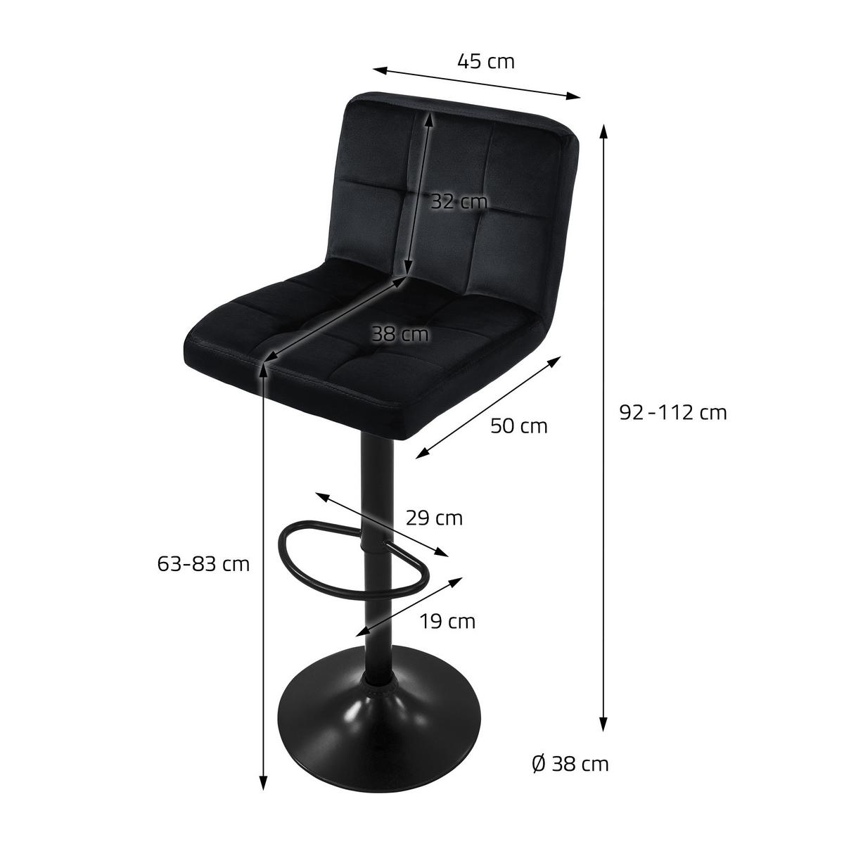 BARHOCKER 2er Set Schwarz aus Samt höhenverstellbar/drehbar - Schwarz, Textil/Metall (50/112/45cm) - ML-DESIGN