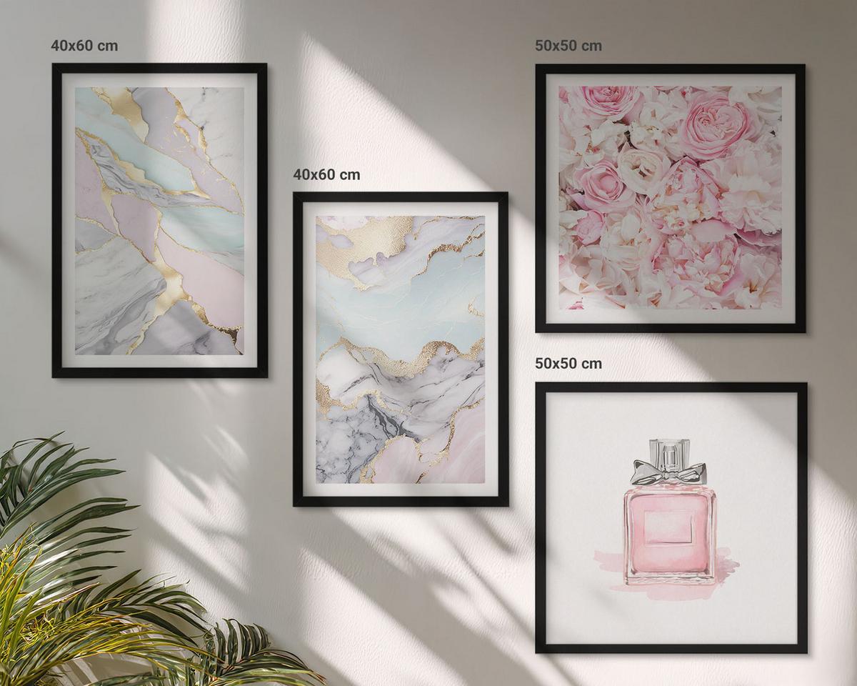 BILDER SET 4er Set - 50x50 cm & 40x60 cm Schwarzer Rahmen - Rosa Blumen Marmor Pastell - Schwarz, Kunststoff (50/50cm) - TULUP