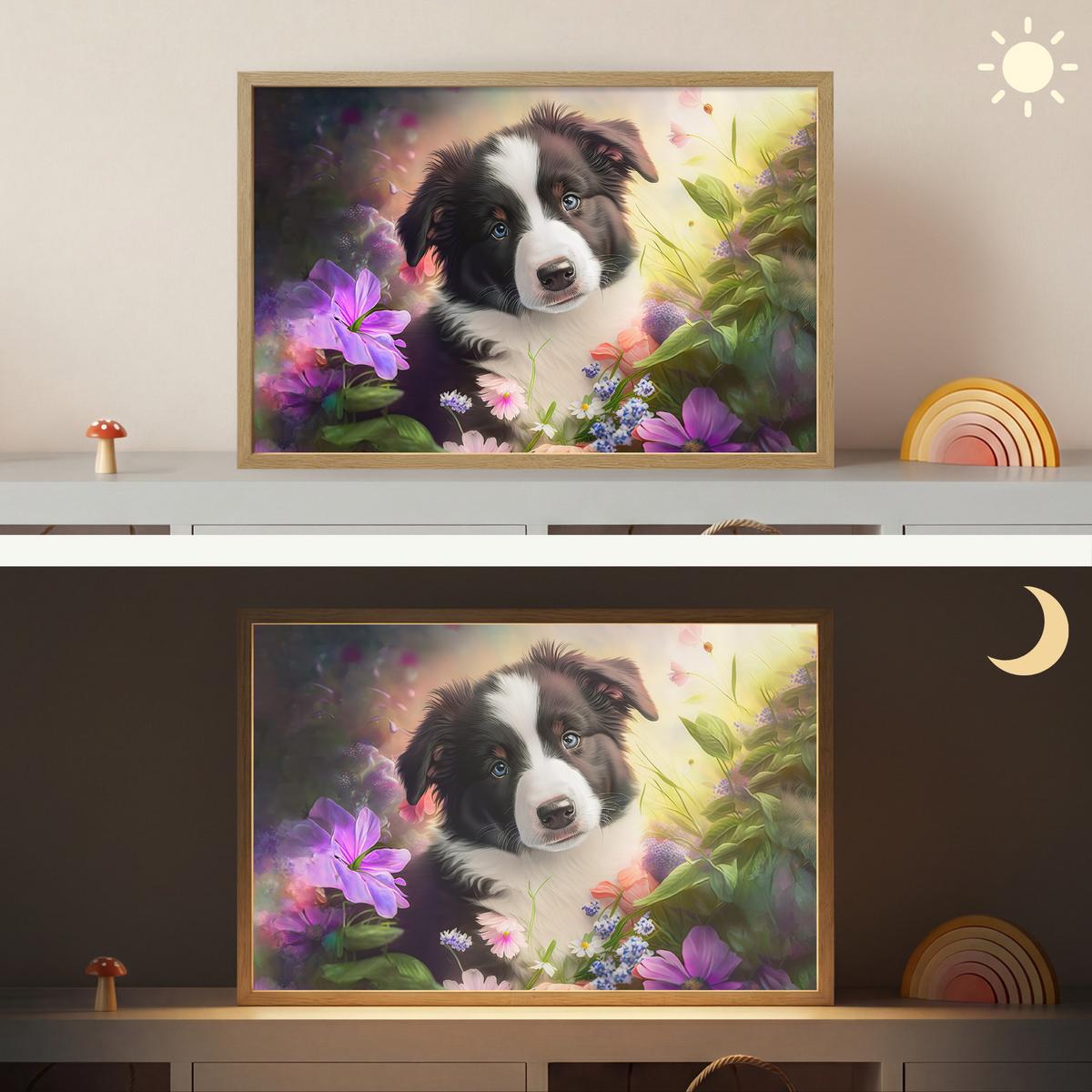 WANDLEUCHTE MIT AKKU Welpe - Sonne - Blumen - Natur - Border Collie - Hund 60x40 cm - Violett, Holzwerkstoff (60/40/8cm) - OnlyWow