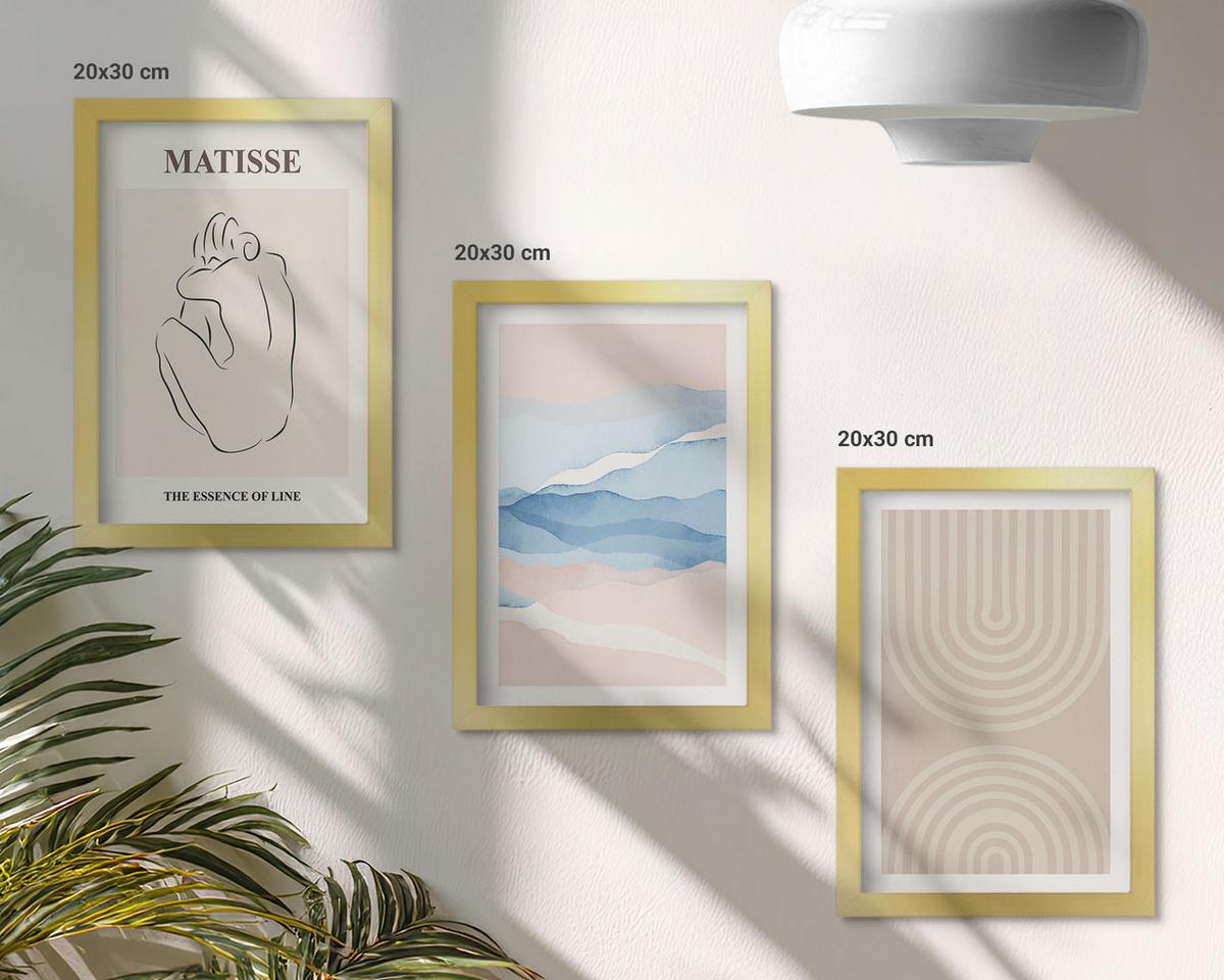 BILDER SET 3er Set - 20x30 cm Goldrahmen - Linien, Wellen, pastellfarbener Minimalismus - Goldfarben, Kunststoff (20/30cm) - TULUP