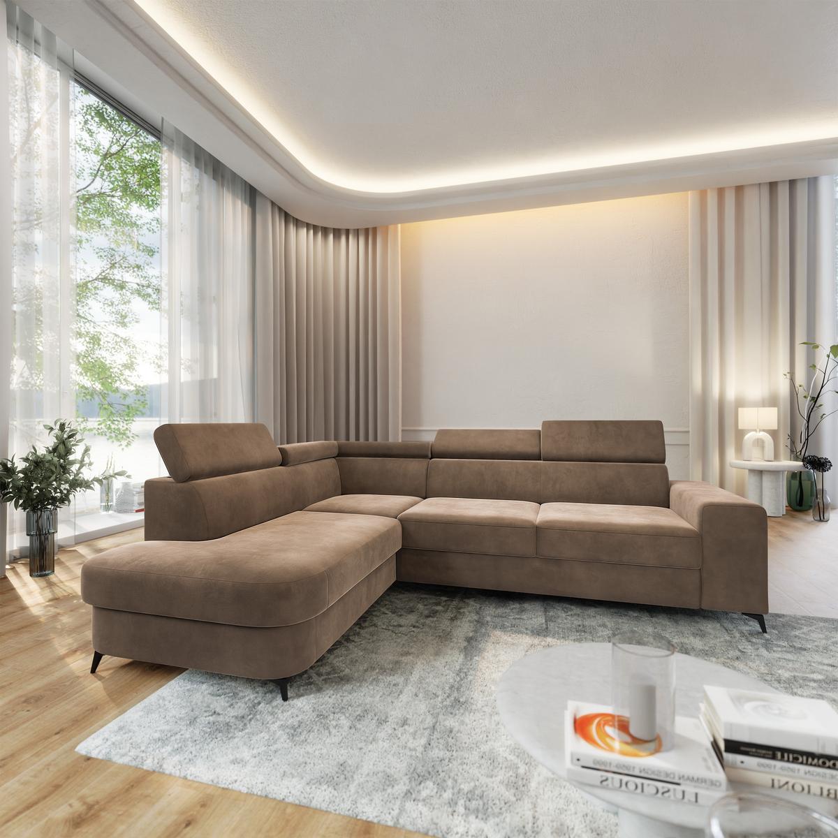 ECKSOFA ALVORO L-S Beige Velours-Stoff mit Schlaffunktion - Beige, Holz (253/190cm) - MASSENO