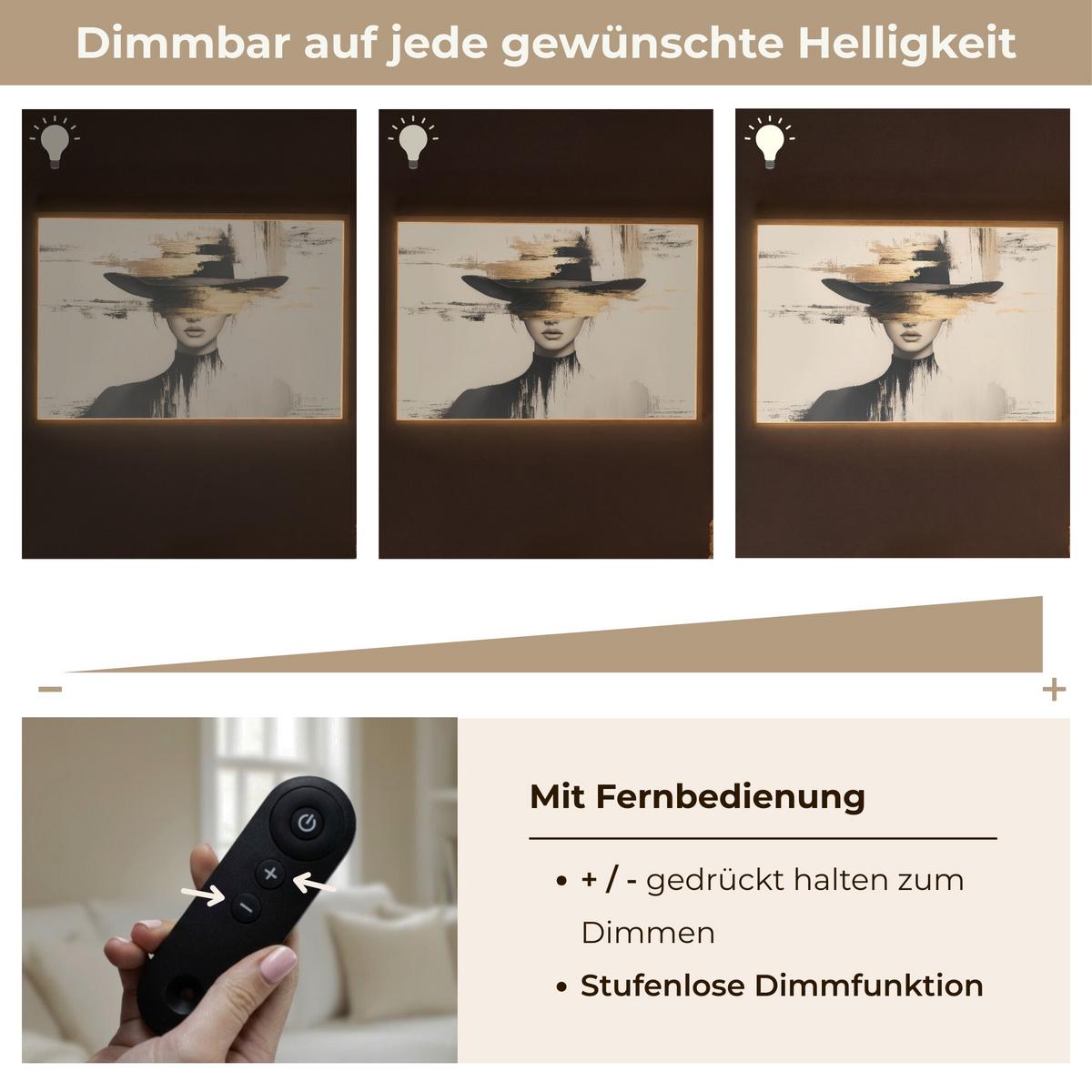 WANDLEUCHTE MIT AKKU Frau - Hut - Farbe 90x60 cm - Creme, Holzwerkstoff (90/60/8cm) - OnlyWow