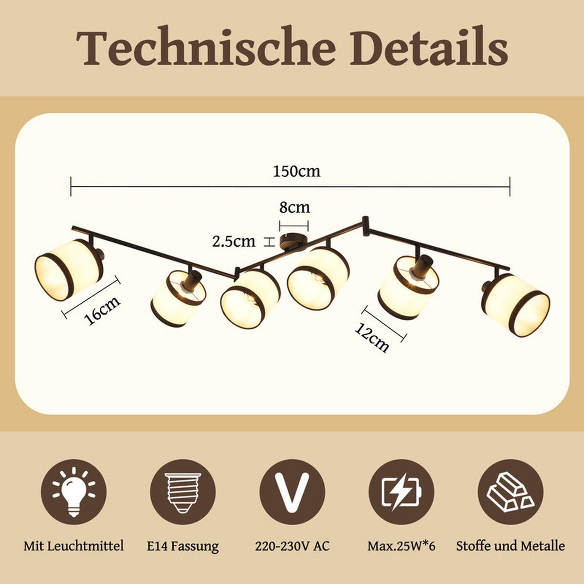 DECKENSTRAHLER Chase Ⅲ 6-flammig 150/12/19 cm - Schwarz, Metall (150/12/19cm) - Nettlife