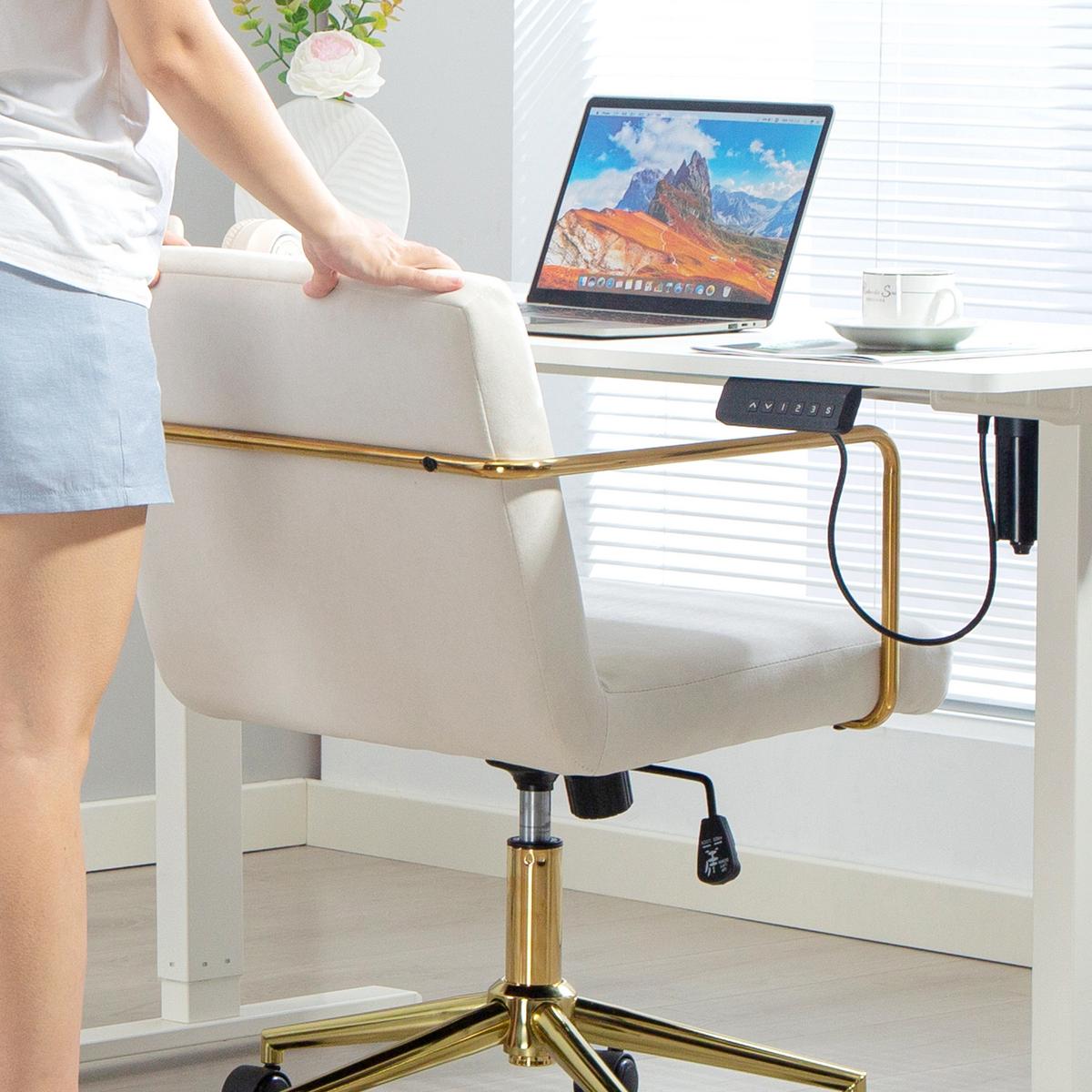 SCHREIBTISCHSTUHL höhenverstellbarer Bürostuhl mit Samtoptik Kippfunktion Creme - Goldfarben/Creme, Textil/Metall (57/90/64cm) - HOMCOM