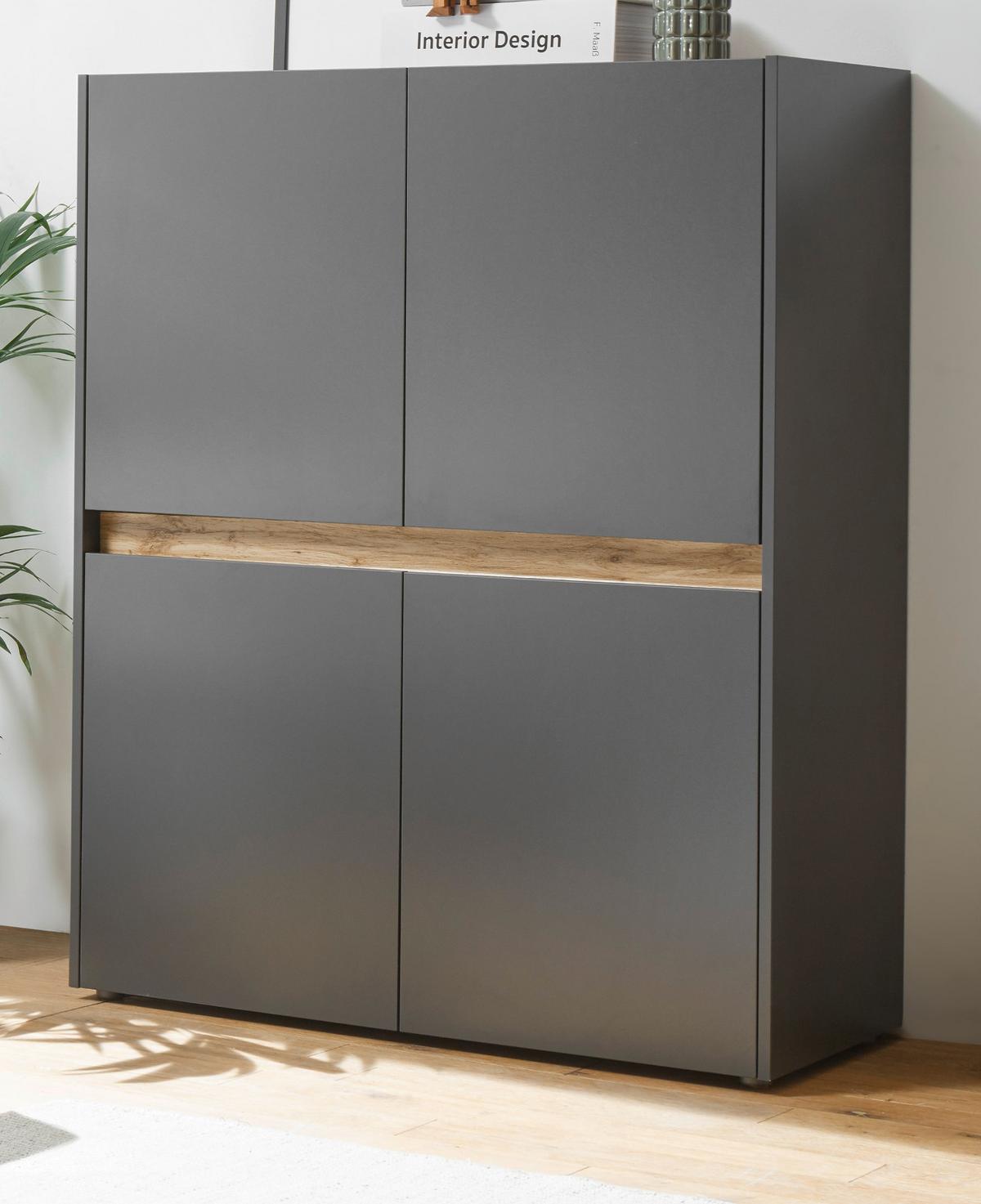 HIGHBOARD grau matt, Eiche Wotan 100 x 120 cm, Kommode 4-türig, 8 Fächer - Eiche Wotan/Grau, Holzwerkstoff/Kunststoff (100/120/40cm) - Furn.Design