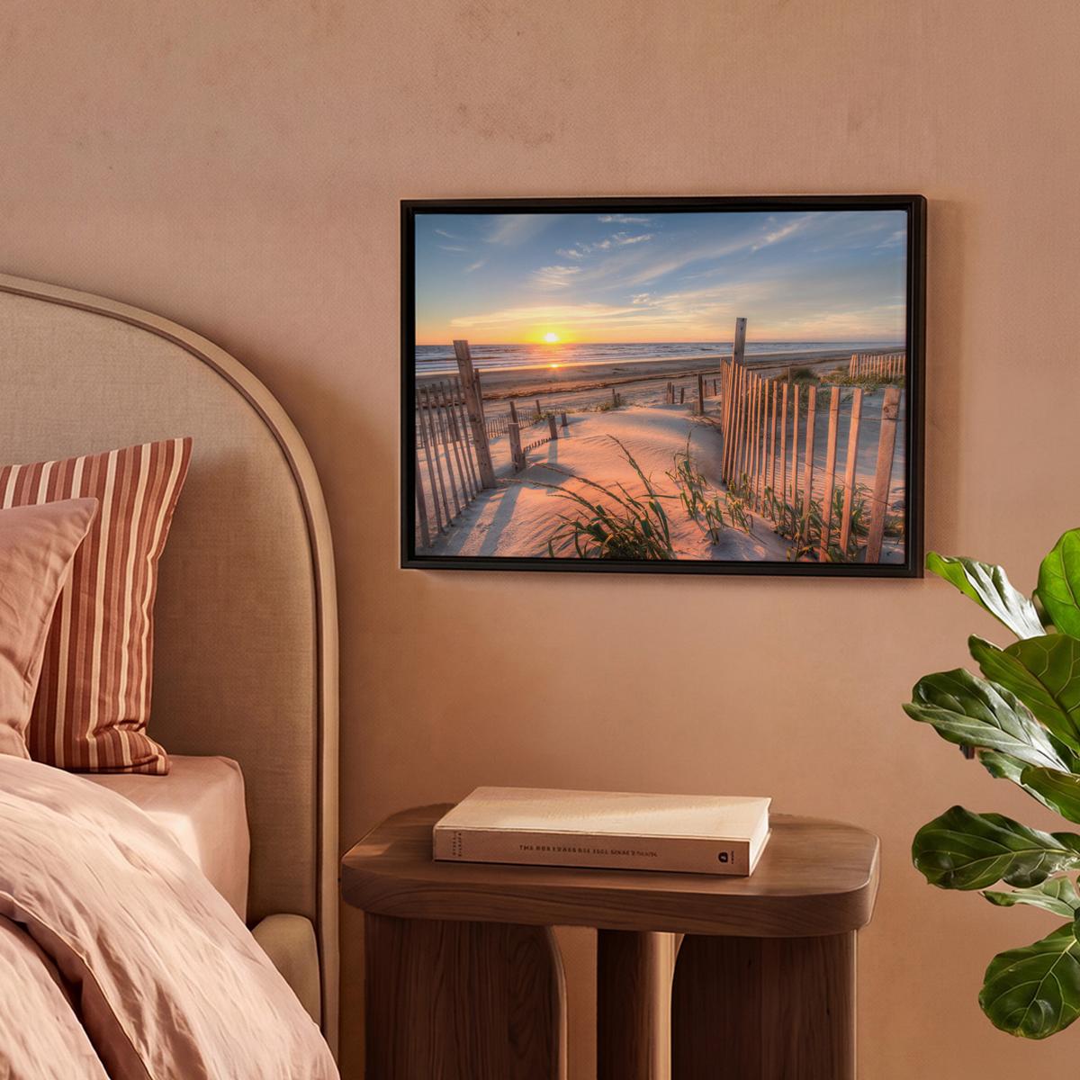 LEINWAND Bilder mit Rahmen - Strand - Meer - Düne - Sonnenuntergang - Landschaft - 40x30 - Beige, Textil (40/30cm) - MuchoWow