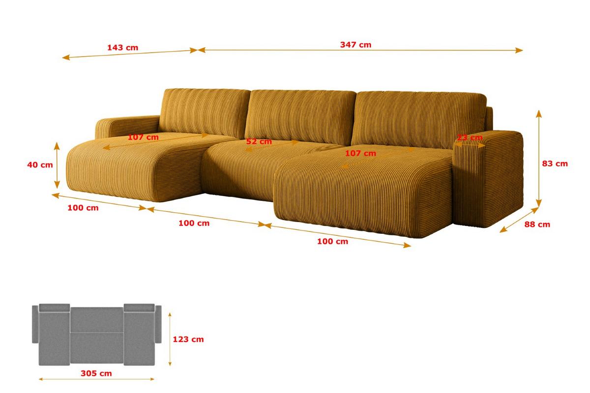 WOHNLANDSCHAFT mit Schlaffunktion und Bettkasten KLEEA-U - 347x143x83 cm Senfgelb Cord - Gelb/Schwarz, Holzwerkstoff/Kunststoff (347/83/143cm) - ALTDECOR