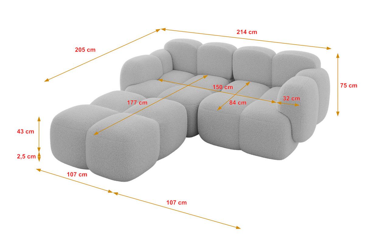 ECKSOFA modulares Sofa Links Miko-L1 214x205x75 Hellgrau Bouclé - Edelstahlfarben/Schwarz, Holzwerkstoff/Kunststoff (214/205cm) - ALTDECOR