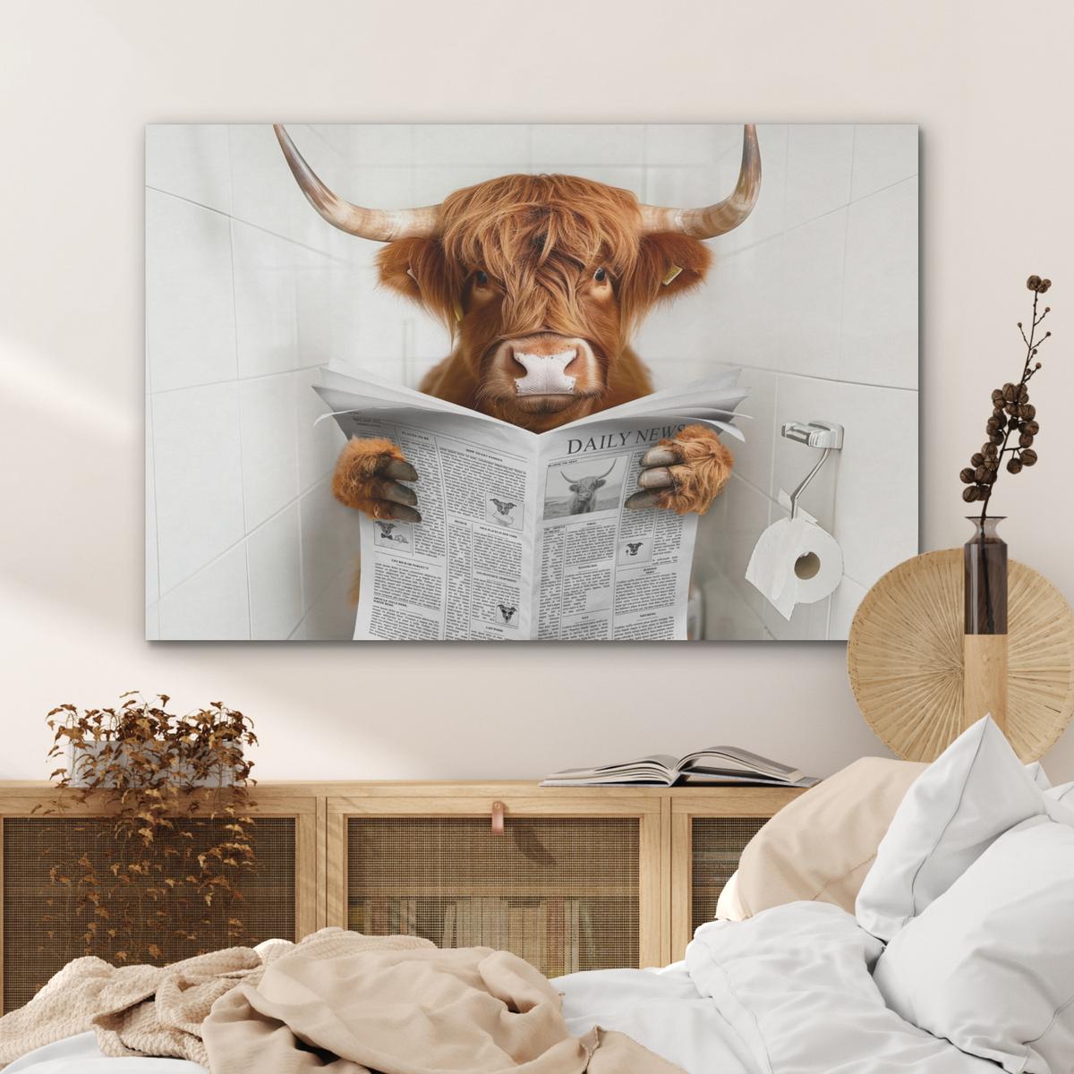 AKUSTIKBILD Schottischer Highlander - Tier - Zeitung - Toilette Wandbild Wohnzimmer 100x70 cm - Kastanienfarben, Kunststoff (100/70/0.9cm) - MuchoWow