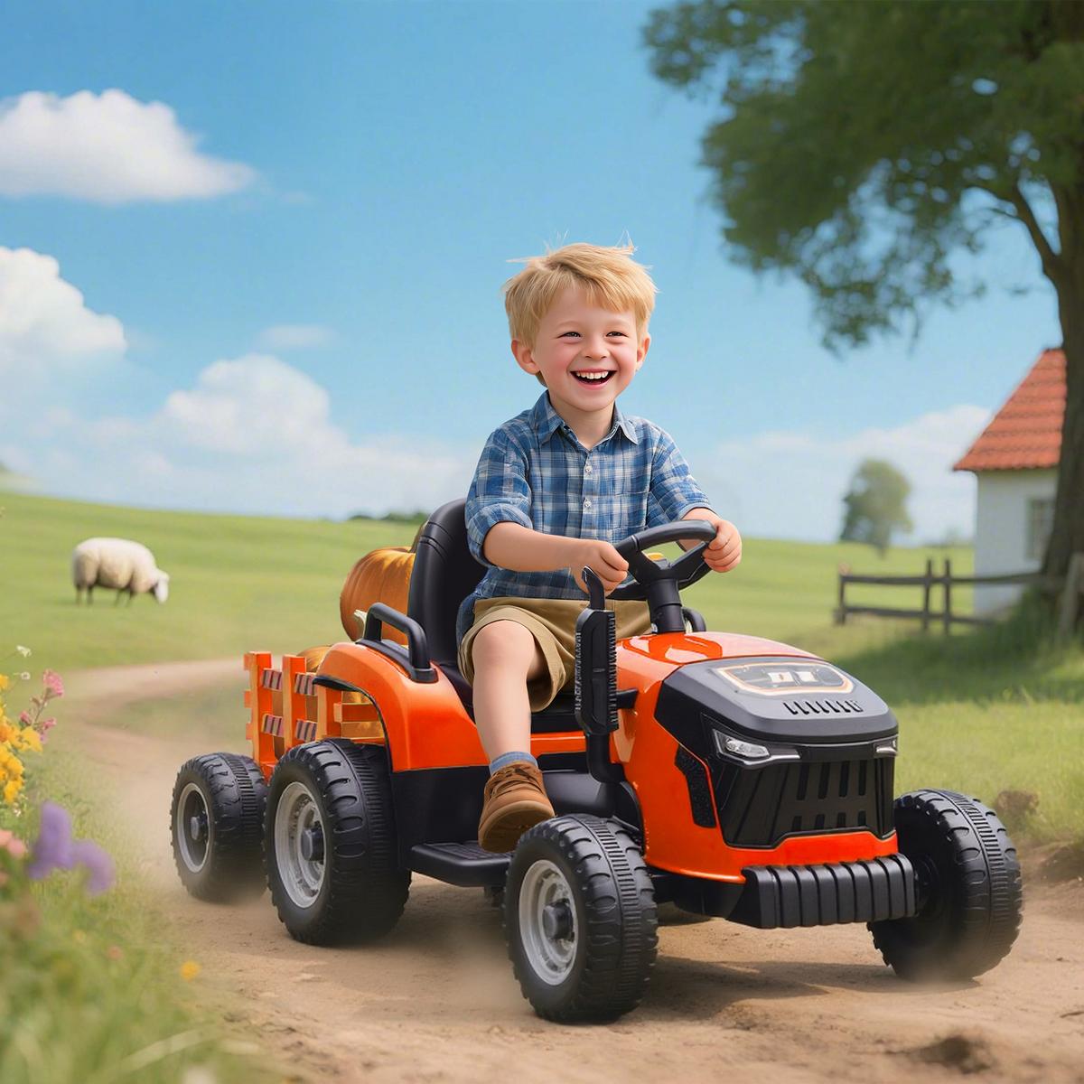 KINDER-ELEKTROAUTO 3-Gang mit Anhänger, 2 Motor, für 3-8 Jahre, Orange - Orange, Metall (139/58/55cm) - AIYAPLAY