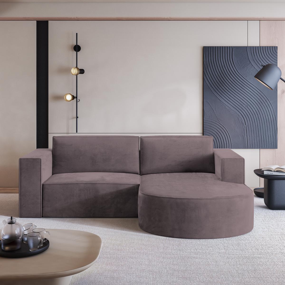ECKSOFA SORELA M R-S Lila Velours-Stoff mit Schlaffunktion - Lila, Holz (263/174cm) - MASSENO