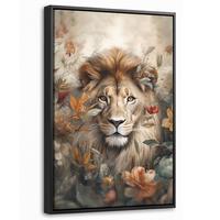 LEINWAND Bilder mit Rahmen - Löwe - Wildtiere - Pflanzen - Natur - Blumen - 20x30 - Beige, Textil (20/30cm) - MuchoWow