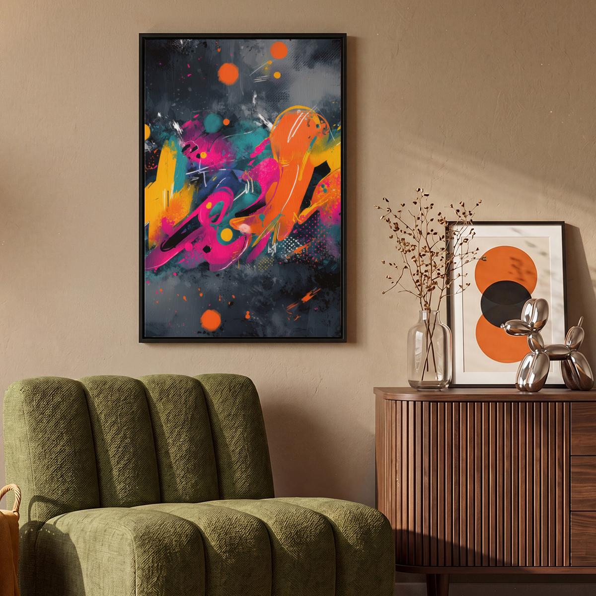 LEINWAND Bilder mit Rahmen - Abstrakt - Graffiti - Farbenfroh - Farbspritzer - 60x90 - Multicolor, Textil (60/90cm) - MuchoWow