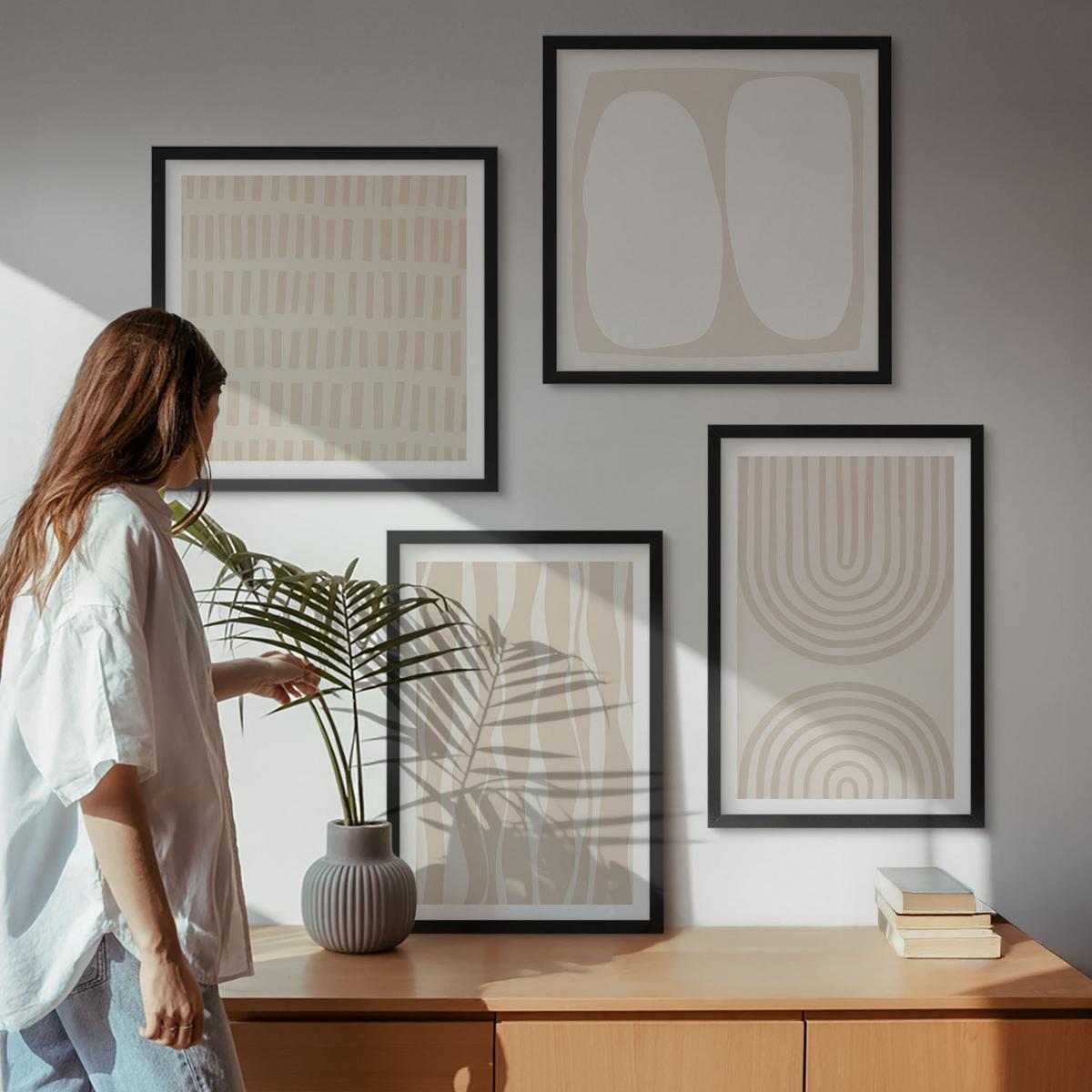 BILDER SET 4er Set - 50x50 cm & 40x60 cm Schwarzer Rahmen - Abstrakte Boho-Musterformen - Schwarz, Kunststoff (50/50cm) - TULUP