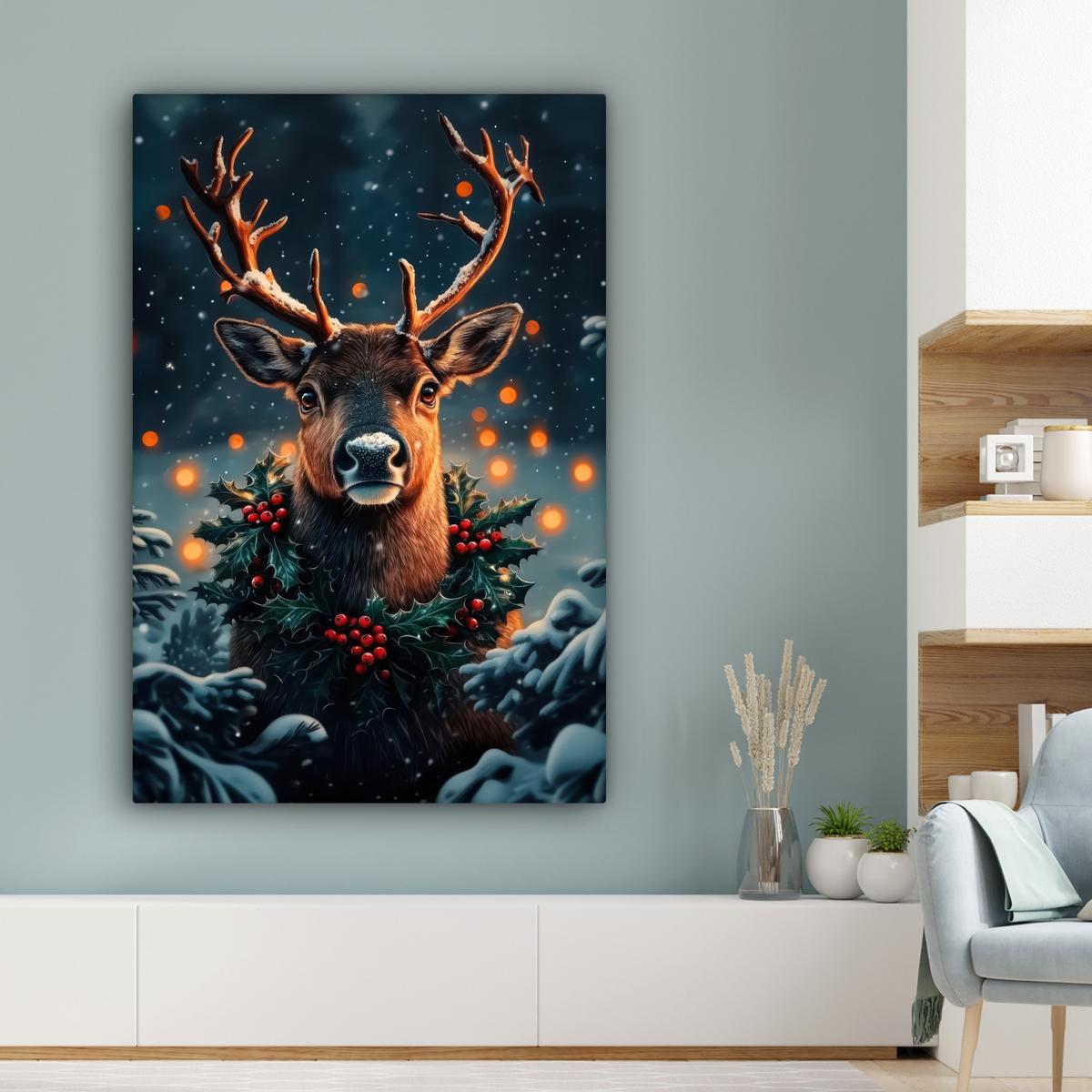 LEINWANDBILD Hirsch - Weihnachten - Winter - Schnee - Weihnachtskranz Deko XXL 80x120 cm - Dunkelbraun, Textil (80/120cm) - MuchoWow