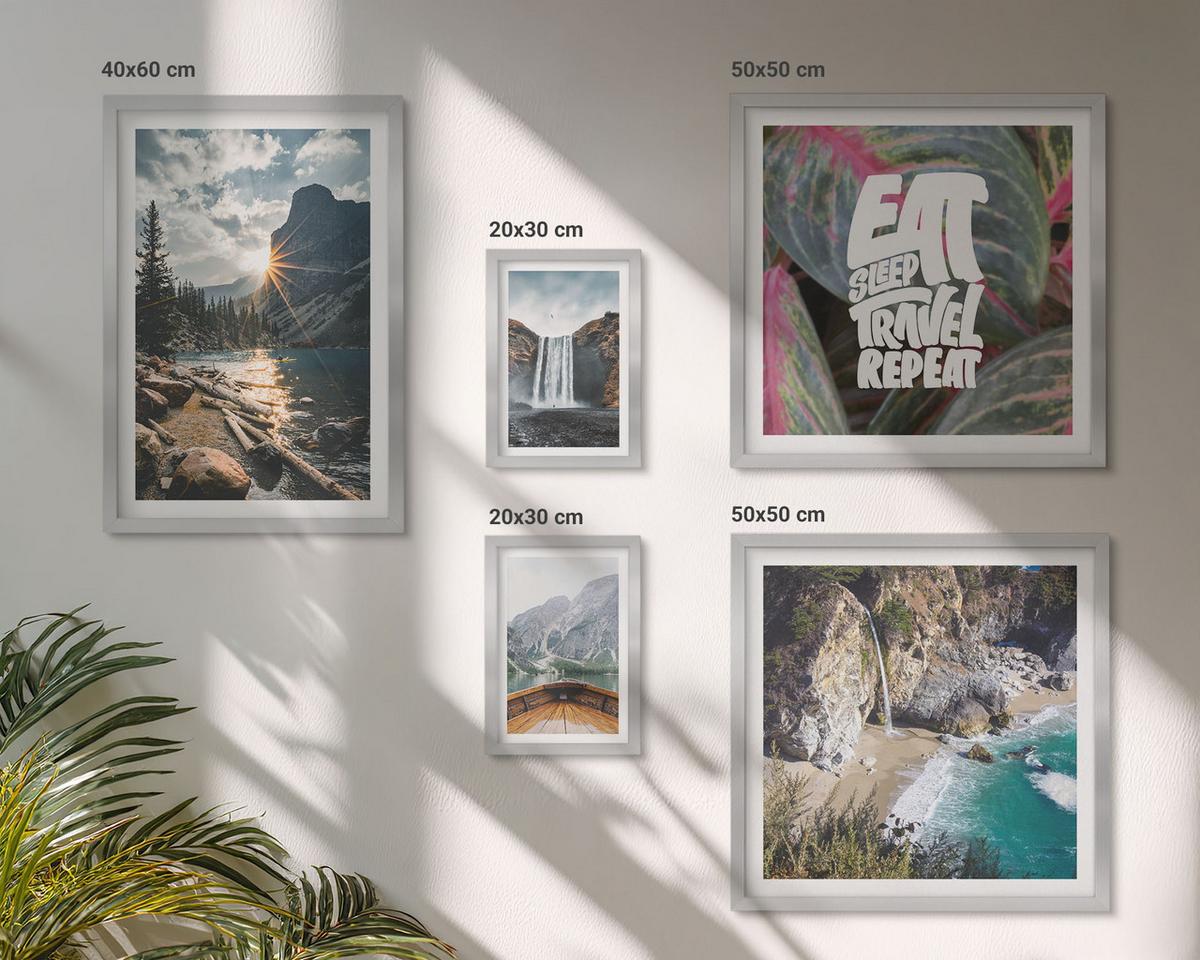 BILDER SET 5er Set - 50x50 cm & 20x30 cm & 40x60 cm Silberner Rahmen - Wasserfall Bergreise Natur - Silberfarben, Kunststoff (40/60cm) - TULUP