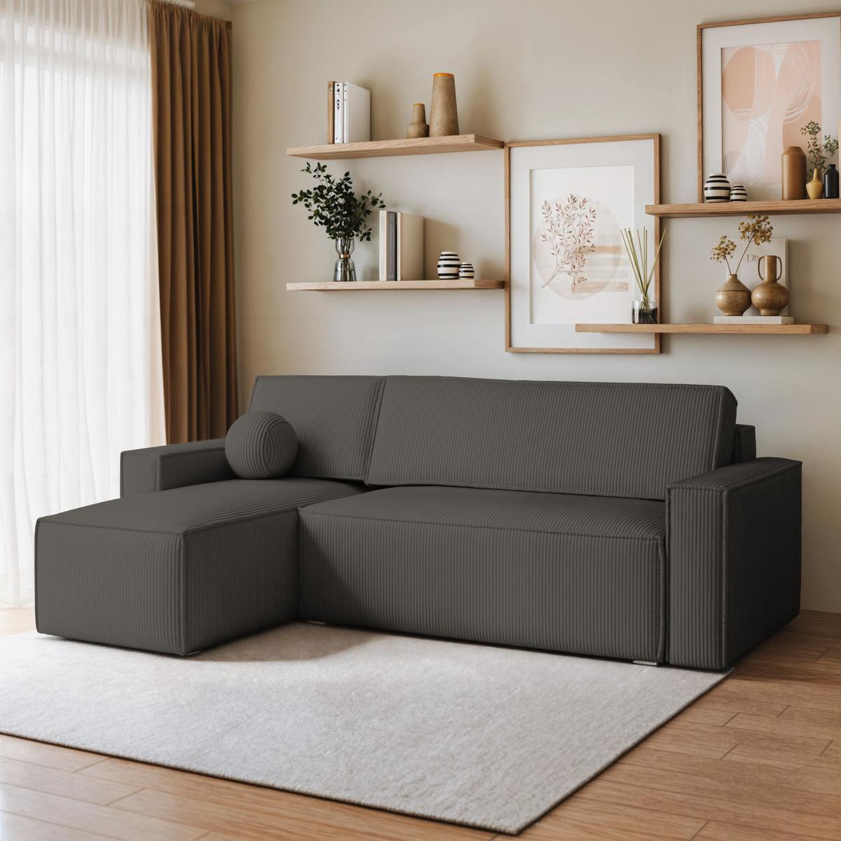 ECKSOFA RAVELO P Graphitfarben Kordstoff mit Schlaffunktion - Graphitfarben/Grau, Holz/Kunststoff (240/140cm) - MASSENO