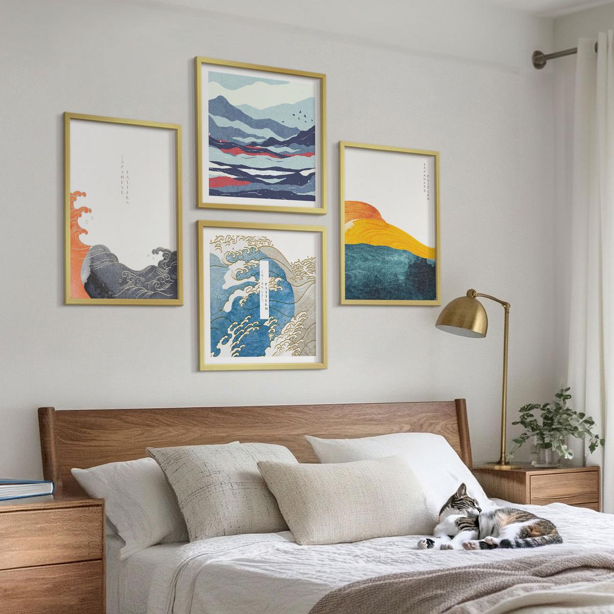 BILDER SET 4er Set - 50x50 cm & 40x60 cm Goldrahmen - Wellen – Japanische Kunstgrafik - Goldfarben, Kunststoff (50/50cm) - TULUP