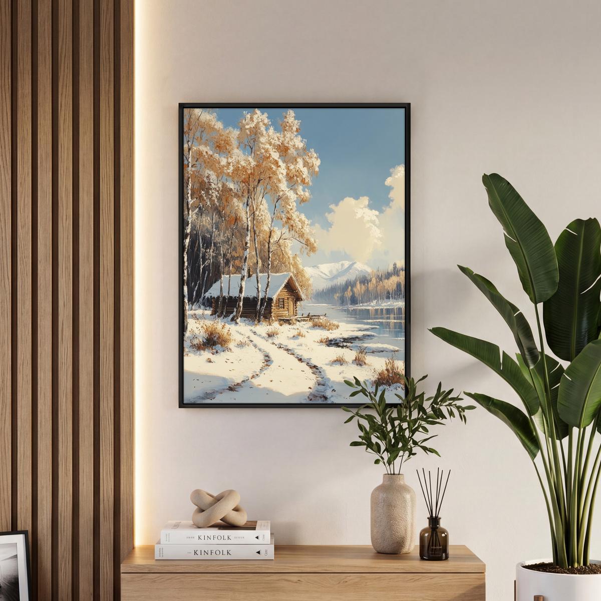 LEINWAND Bilder mit Rahmen - Winter - Schnee - Zuhause - Natur - 50x70 - Hellbraun, Textil (50/70cm) - MuchoWow