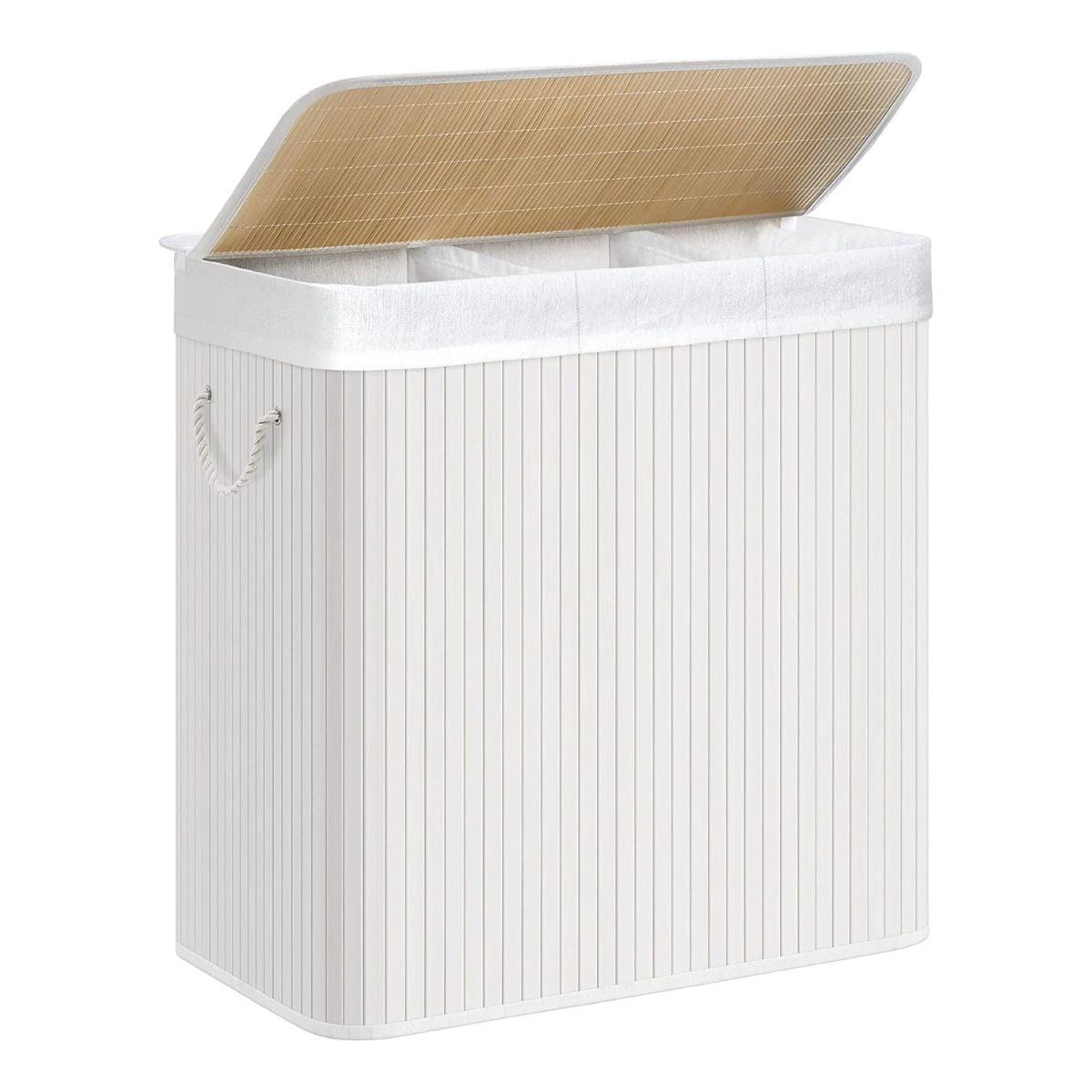 WÄSCHEKORB 3 Fächer mit abnehmbaren Beuteln Bambus und Weiß - Weiß, Holz (42.5/61.5/64cm) - Calicosy