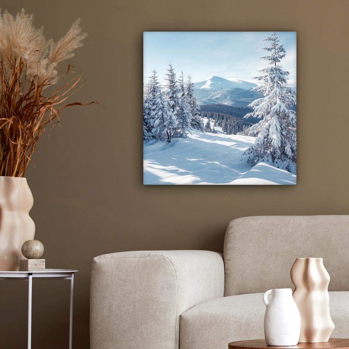 LEINWANDBILD Winterlandschaft - Natur - Berge - Bäume - Schnee Wandbild Wohnzimmer 50x50 cm - Hellblau, Textil (50/50cm) - MuchoWow