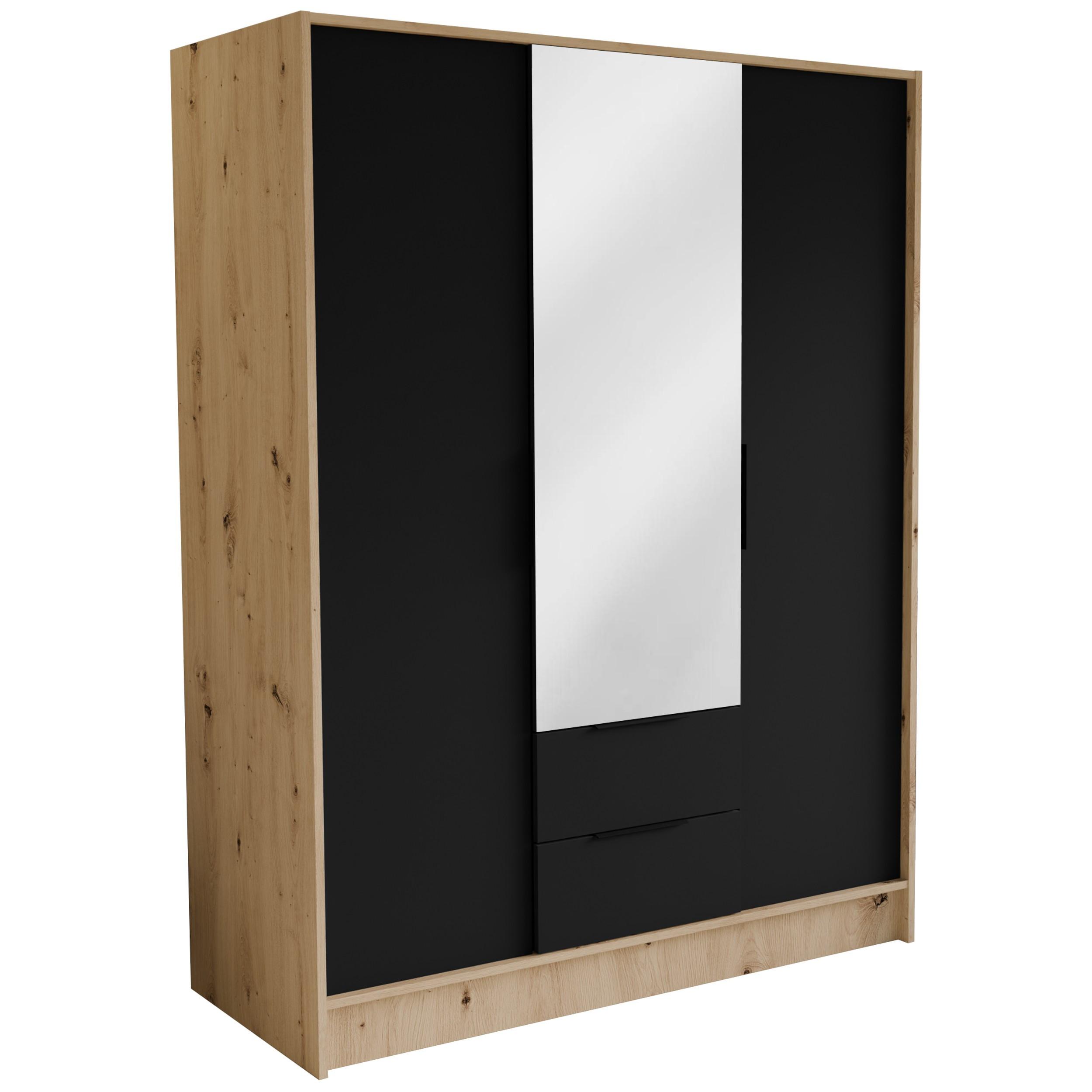 DREHTÜRENSCHRANK CAVA 150,5/200/51 cm Modern Kleiderschrank 3-türig mit Spiegel Eiche Artisan - Schwarz/Eiche Artisan, Holzwerkstoff (150.5/200/51cm) - MASSENO