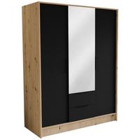 DREHTÜRENSCHRANK CAVA 150,5/200/51 cm Modern Kleiderschrank 3-türig mit Spiegel Eiche Artisan - Schwarz/Eiche Artisan, Holzwerkstoff (150.5/200/51cm) - MASSENO