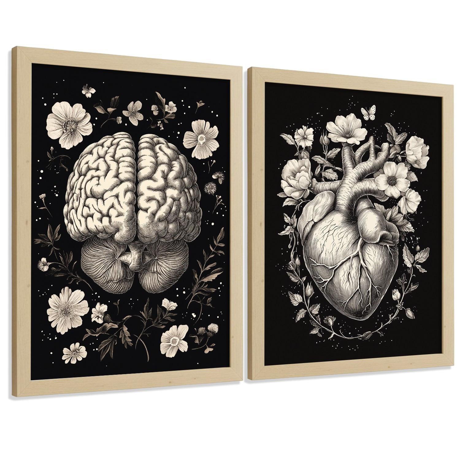 POSTER Set aus 2 Anatomie Mensch Drucke und mit Gehirn und Herz Monochromes Florales Design Schwarzer Hintergrund Größe Leichter Holzrahmen A4 - Beige, Papier (21/29.7/3cm) - Nacnic