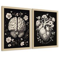 POSTER Set aus 2 Anatomie Mensch Drucke und mit Gehirn und Herz Monochromes Florales Design Schwarzer Hintergrund Größe Leichter Holzrahmen A4 - Beige, Papier (21/29.7/3cm) - Nacnic