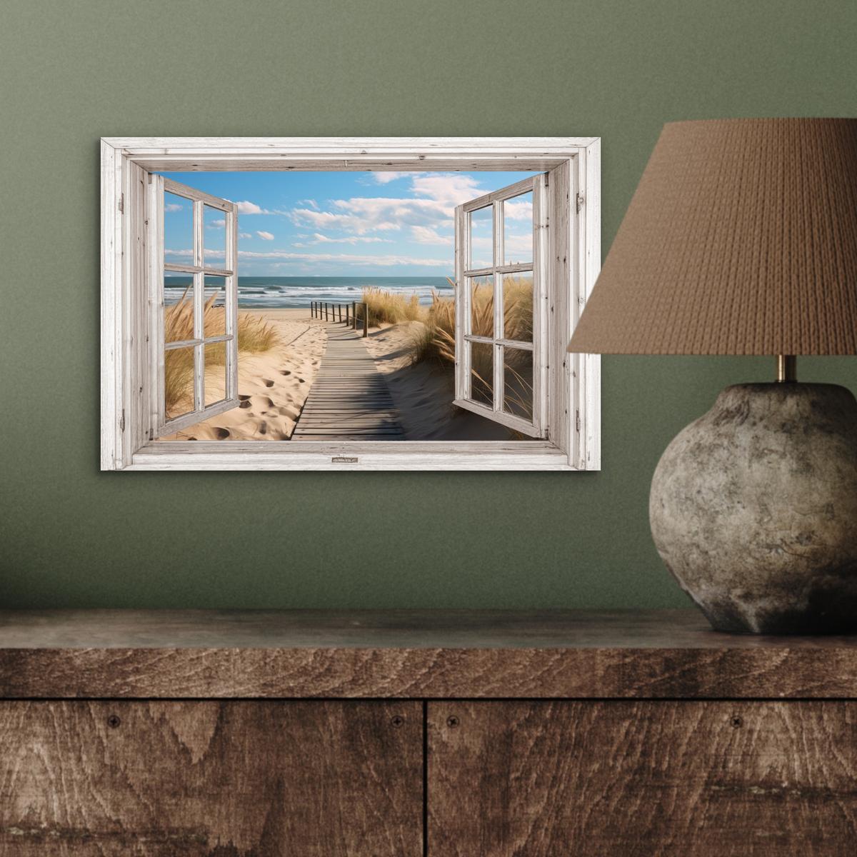 METALLBILD Fenster - Meer - Küste - Natur - Ausblick - Strand - Wattenmeer 30x20 cm - Beige, Metall (30/20cm) - MuchoWow