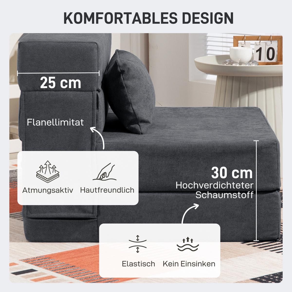 3 in 1 Schlafsessel, klappbares Schlafsofa mit Bettfunktion, Lendenkissen, Grau - Dunkelgrau, Kunststoff (80/15/210cm) - HOMCOM