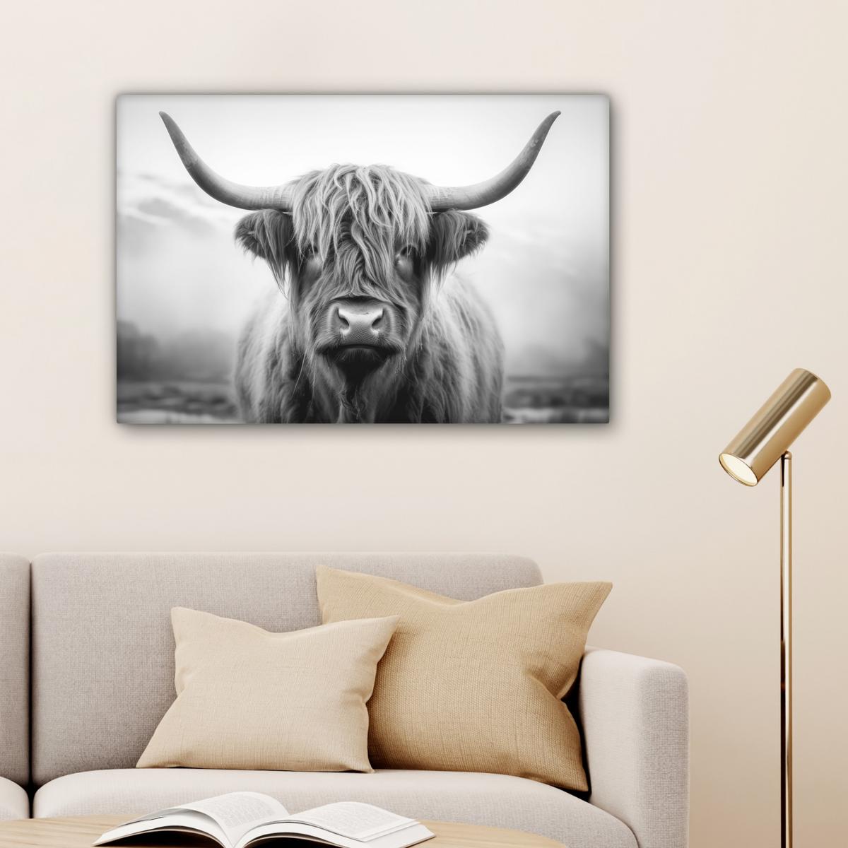 LEINWANDBILD Schottischer Highlander - Nebel - Schwarz - Weiß Gemälde 60x40 cm - Grau, Textil (60/40cm) - MuchoWow