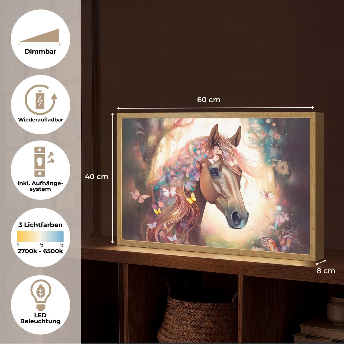 NACHTTISCHLAMPE MIT AKKU Pferd - Natur - Blumen - Schmetterlinge - Wald 60x40 cm - Dunkelbraun, Holzwerkstoff (8/60/40cm) - OnlyWow