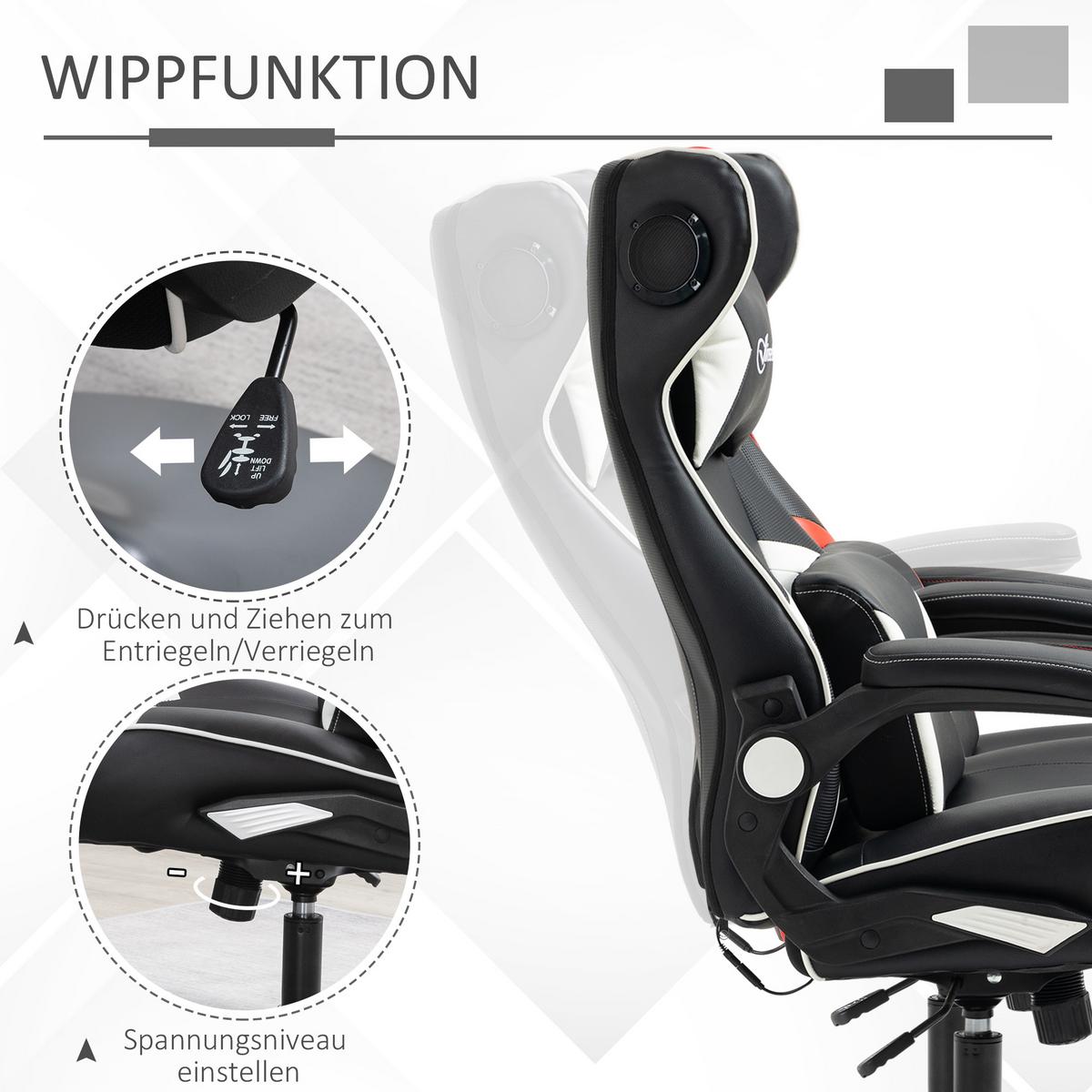 GAMINGSESSEL mit Wippfunktion Gaming Stuhl mit Lautsprecher Bürostuhl PU - Schwarz/Weiß, Leder (73/118/69cm) - Vinsetto