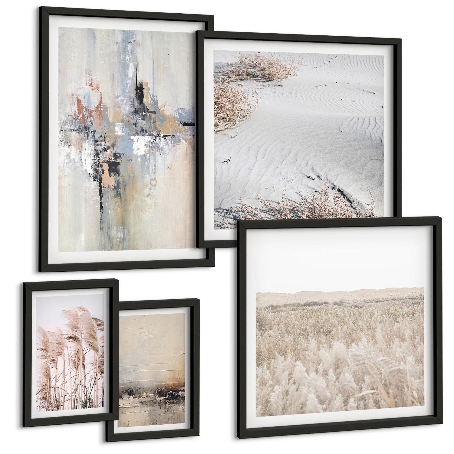 BILDER SET 5er Set - 50x50 cm & 20x30 cm & 40x60 cm Schwarzer Rahmen - Abstrakte Vegetationsmuster - Schwarz, Kunststoff (40/60cm) - TULUP