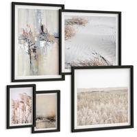 BILDER SET 5er Set - 50x50 cm & 20x30 cm & 40x60 cm Schwarzer Rahmen - Abstrakte Vegetationsmuster - Schwarz, Kunststoff (40/60cm) - TULUP