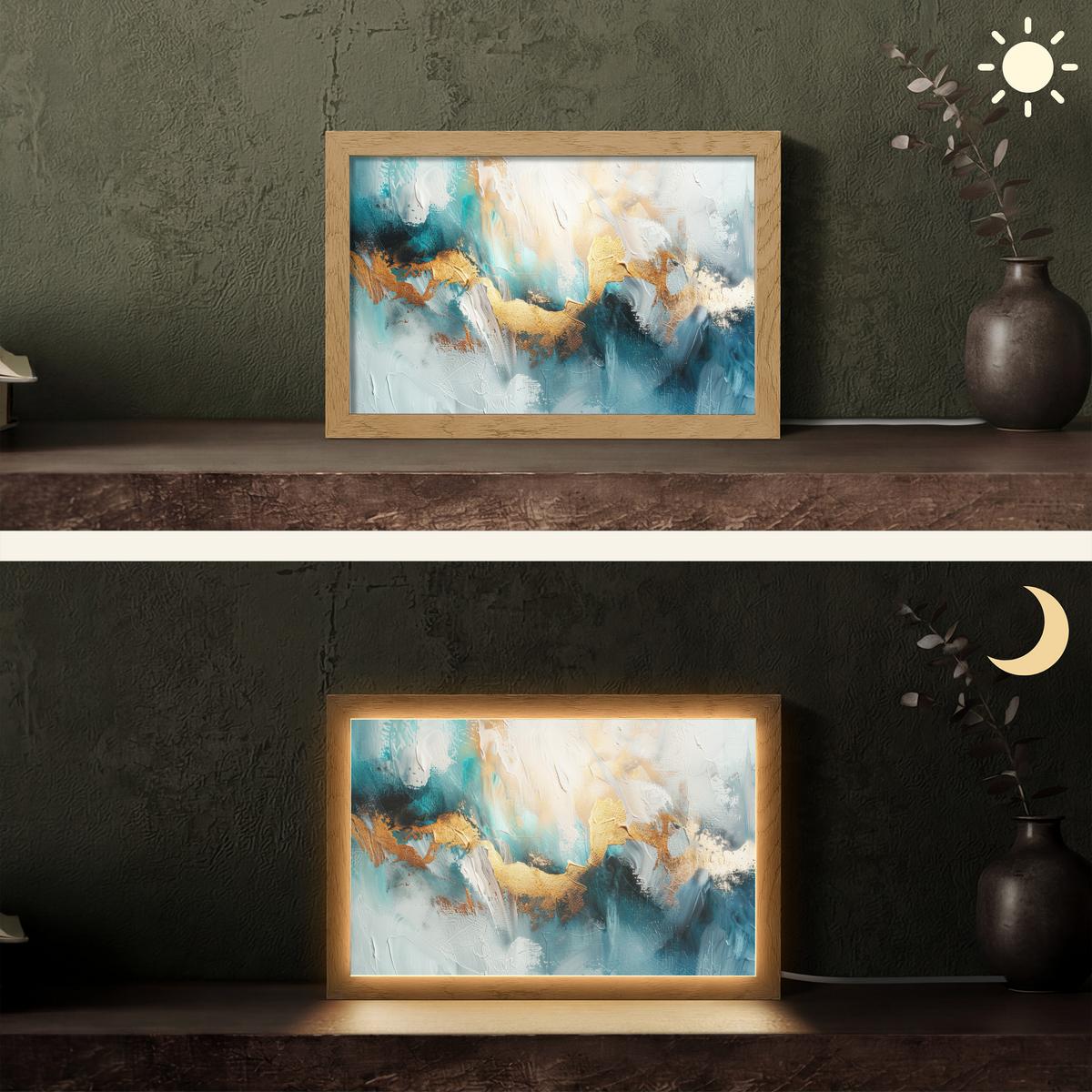 TISCHLEUCHTE Abstrakt - Kunst - Gold - Blau 30x20 cm - Aubergine, Holzwerkstoff (8/30/20cm) - OnlyWow
