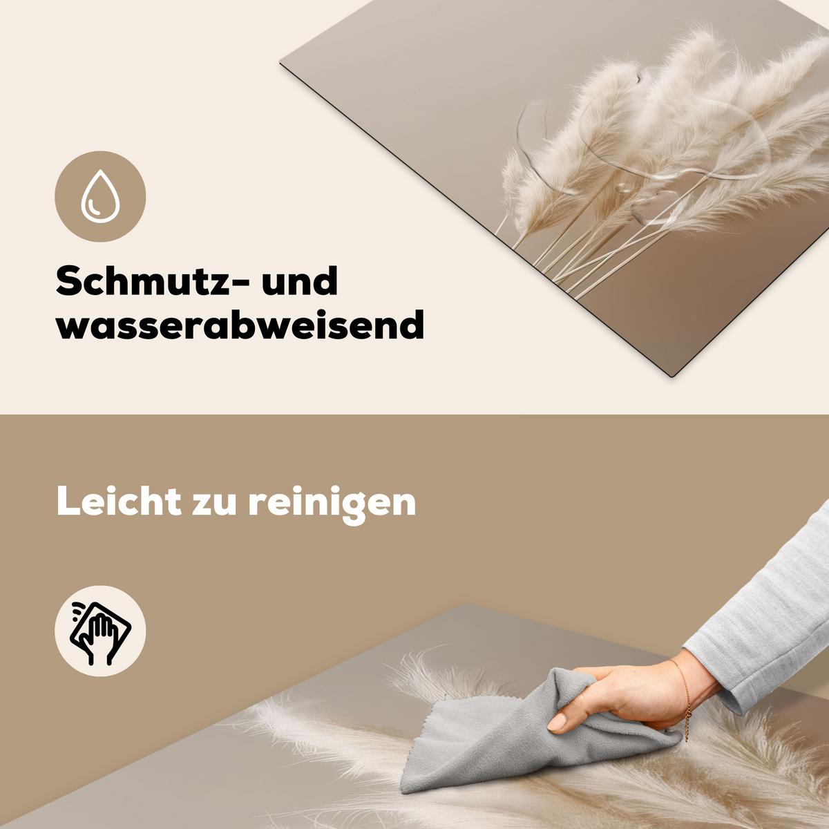 HERDABDECKPLATTE Pampasgras - Federn - Pastell - Weiß Herdabdeckung Induktionsfeld 70x52 cm - Creme, Kunststoff (70/52/0.2cm) - MuchoWow
