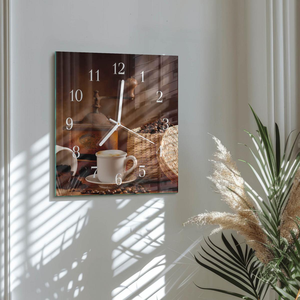 WANDUHR aus Glas 30x30 cm - Tasse Kaffee - Braun, Glas (30/30/0.4cm) - TULUP