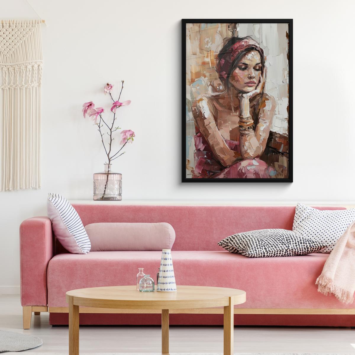 POSTER MIT RAHMENGERAHMTES BILD Frau - Lackierung - Porträt - Modern 60x90 cm - Altrosa, Papier (60/90cm) - MuchoWow