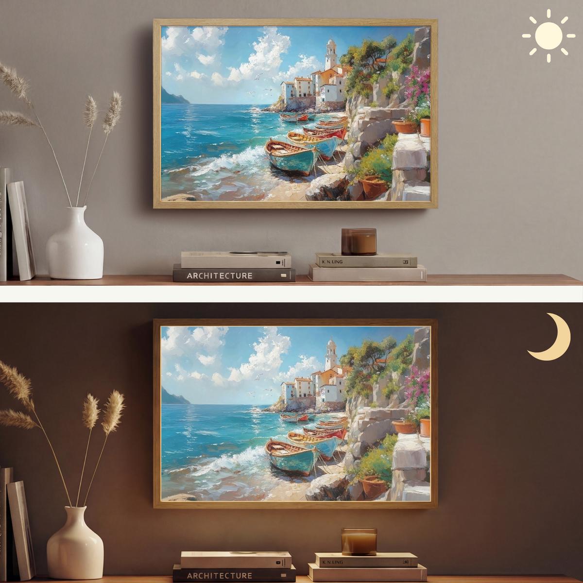 WANDLEUCHTE MIT AKKU Boote - Felsen - Meer - Sonne 60x40 cm - Blau, Holzwerkstoff (60/40/8cm) - OnlyWow