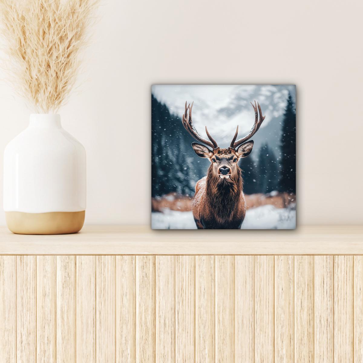 LEINWANDBILD Hirsche - Tiere - Landschaft - Winter - Schnee Deko Wohnzimmer 20x20 cm - Kastanienfarben, Textil (20/20cm) - MuchoWow