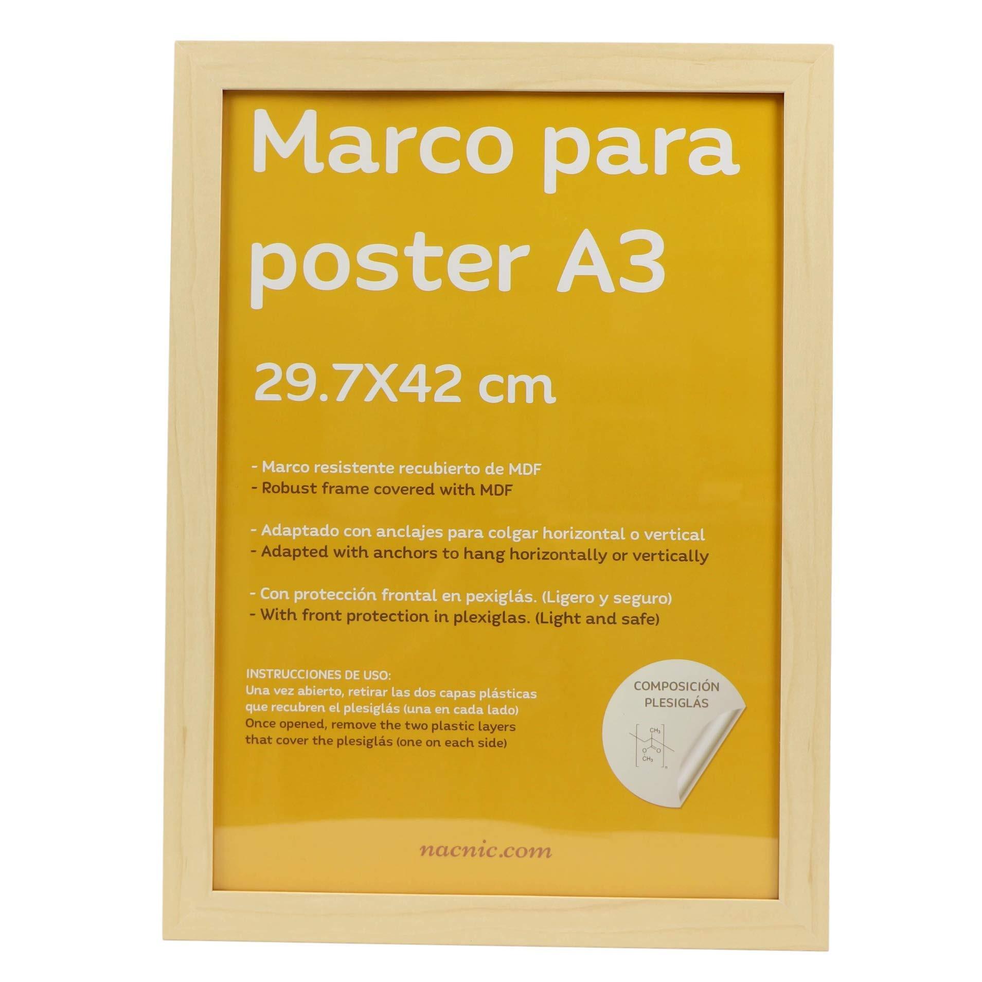 RAHMEN aus MDF und Acrylglas Schutz und Aussteller für Fotografien, Bilder, Poster, Gemälde, Dekoration für Haus Farbe Hellholz A3 - Beige, Holz (29.7/3cm) - Nacnic