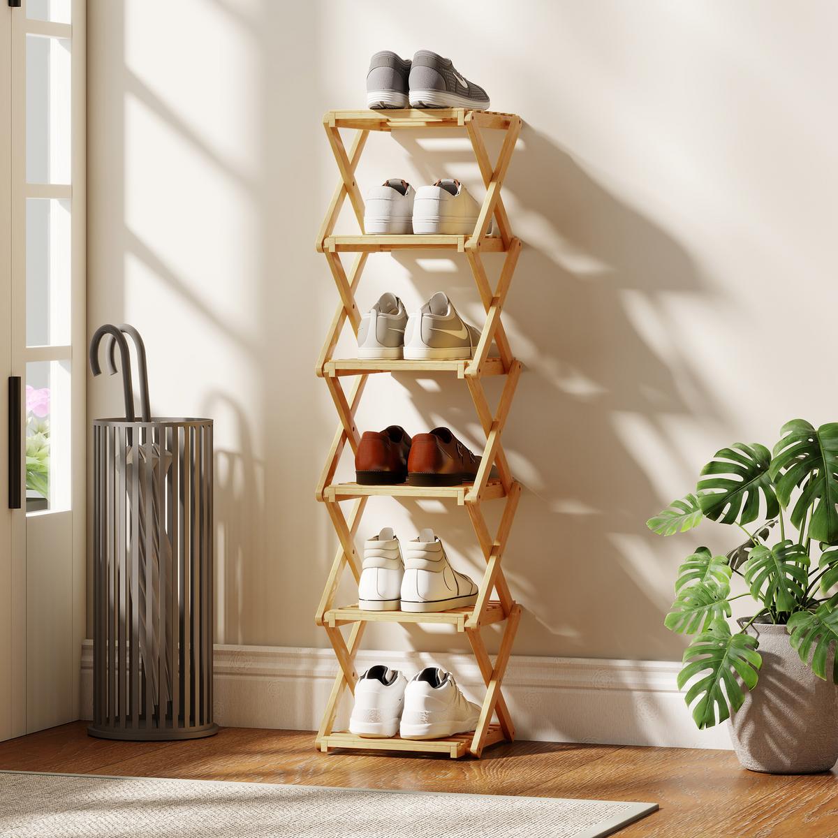 SCHUHREGAL klappbar Schuhständer mit 6 Ebenen aus Bambus für max. 9 Paar Schuhe - Naturfarben, Naturmaterialien (30/108/29cm) - HOMCOM